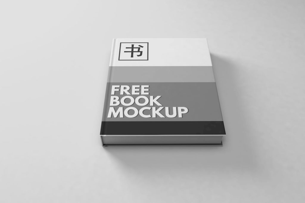 free book mock up text on white and grey stripped book with japanese letters on top left