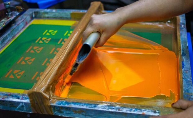 press silk screen printing by orange paint