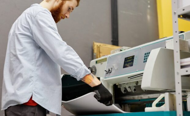 side view portrait of young man checking quality of bulk prints in industrial printshop