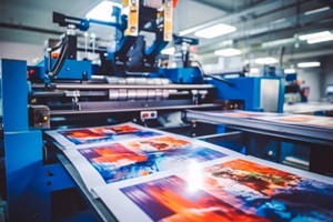 close up of magazine brochure poster print, colorful flayer printing from bulk printing machine