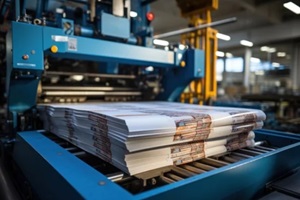 image showcases a bulk printing press machine during production with stacks of freshly printed newspapers in a factory setting