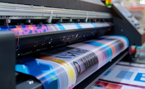 large-format plotter, photocopier, or printer with color ribbons, ideal for high-quality printing services in an office