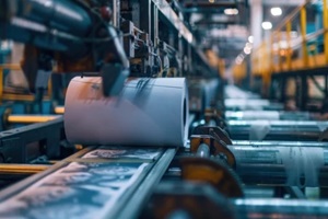 industrial printing press machine in operation with papers rolling through conveyor belt in a print production factory